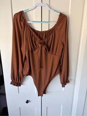 Brown Long-Sleeve Tie-Front Bodysuit